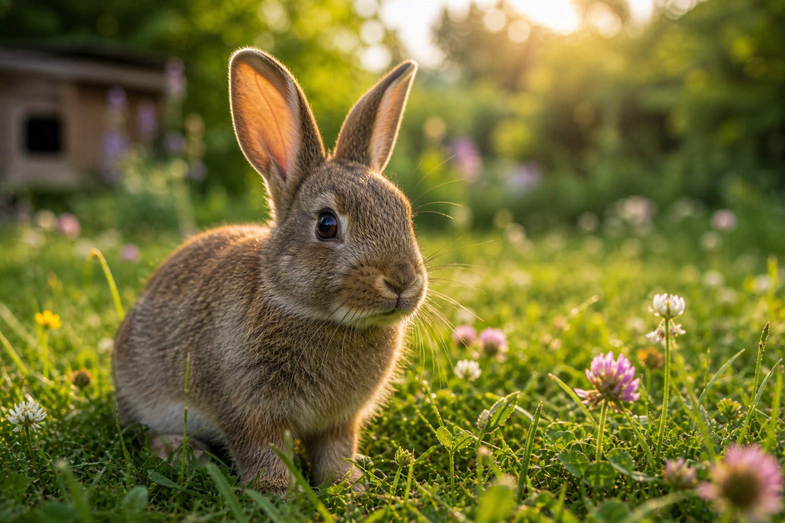 Fotorealistisch konijn tussen gras en bloemen